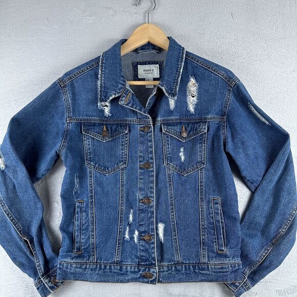 Forever 21 Denim Jacket Distressed Womens Size Small Button Front Blue - Picture 1 of 12